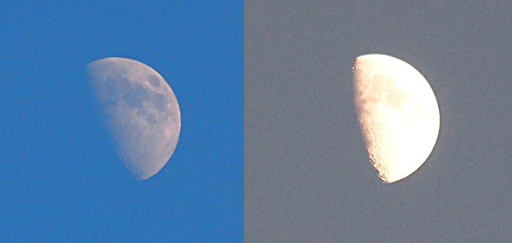[Two images side by side. Daylight moon on the left and evening moon on the right. Daylight moon has blue skies while evening moon has grey skies. In both images slightly more than half the sphere is visible as are craters on the surface.]
